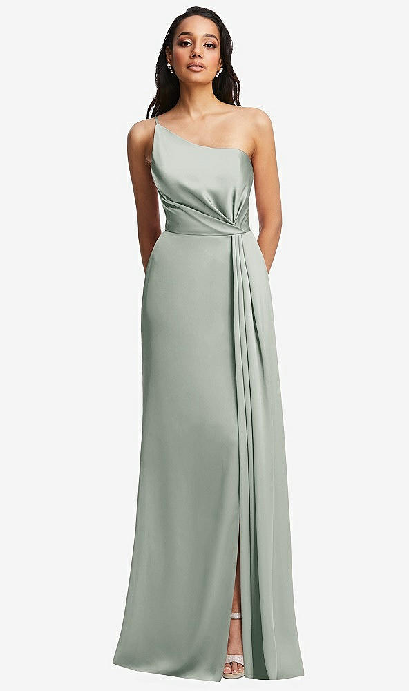 Front View - Willow Green One-Shoulder Draped Skirt Satin Trumpet Gown