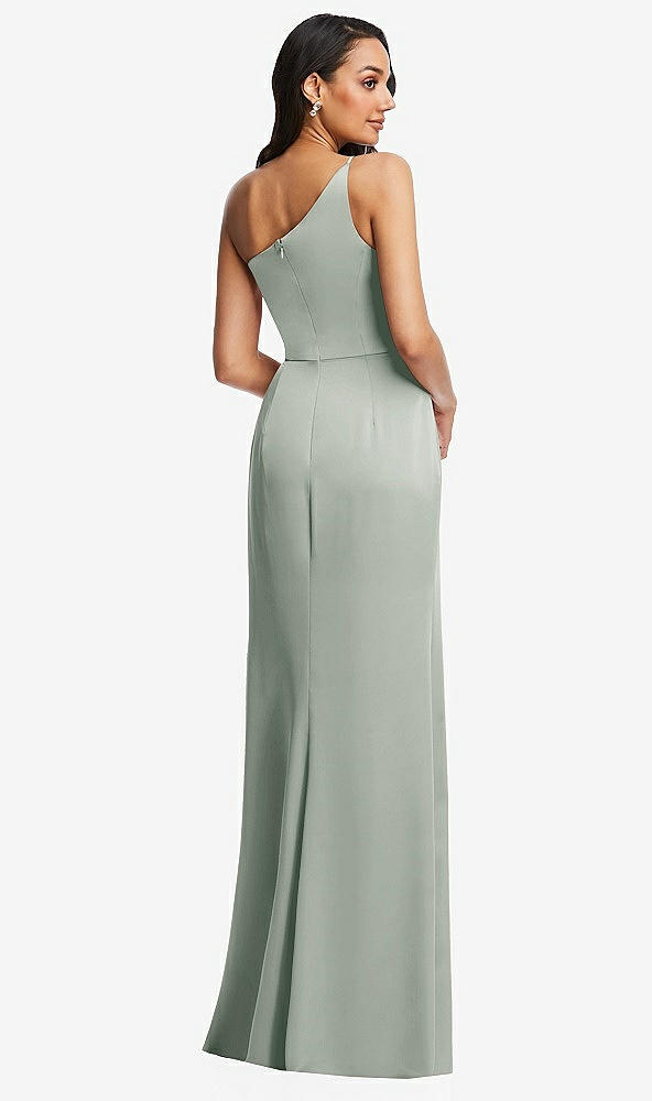 Back View - Willow Green One-Shoulder Draped Skirt Satin Trumpet Gown