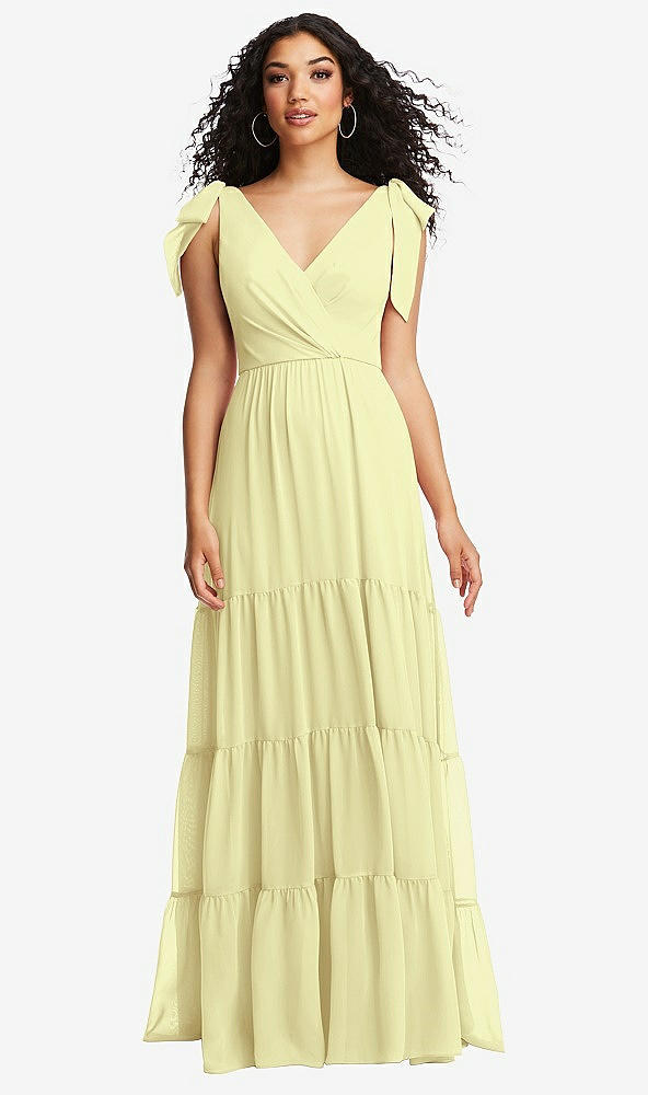 Front View - Butter Yellow Bow-Shoulder Faux Wrap Maxi Dress with Tiered Skirt