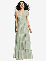 Front View Thumbnail - Celadon Bow-Shoulder Faux Wrap Maxi Dress with Tiered Skirt