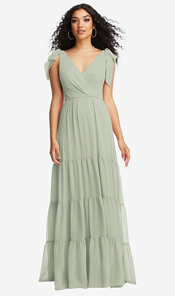 Front View - Celadon Bow-Shoulder Faux Wrap Maxi Dress with Tiered Skirt