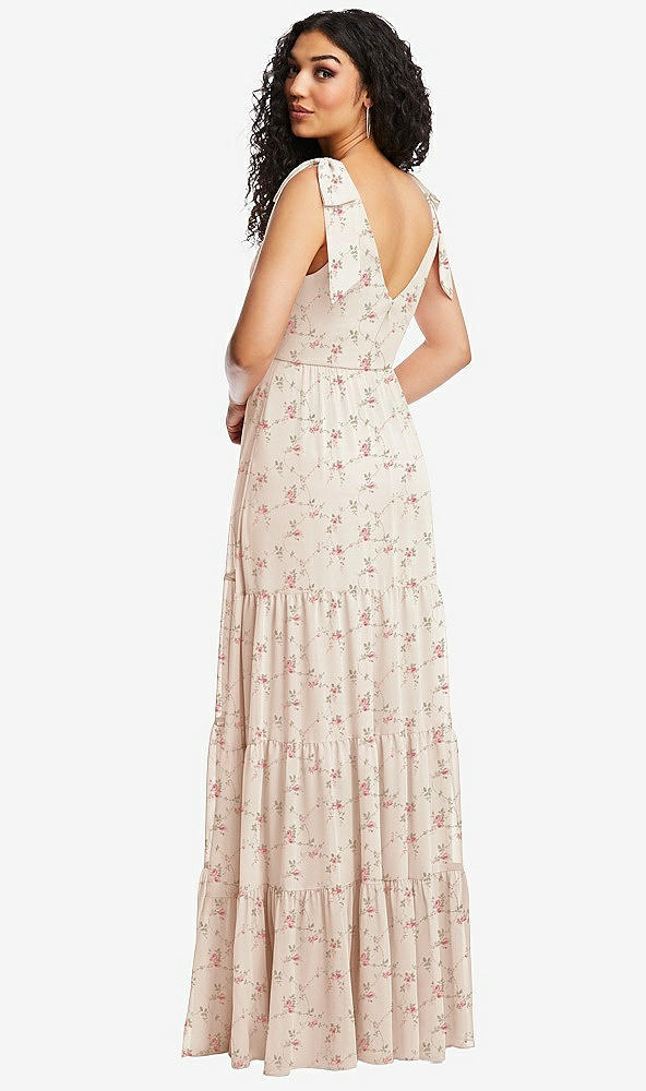 Back View - Coquette Floral Print Bow-Shoulder Faux Wrap Maxi Dress with Tiered Skirt