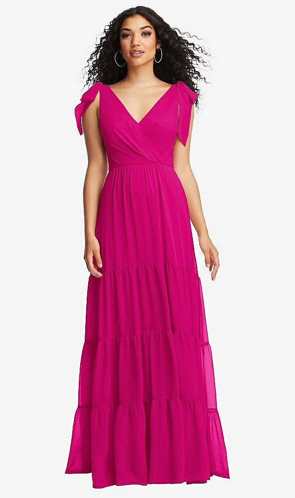 Front View - Think Pink Bow-Shoulder Faux Wrap Maxi Dress with Tiered Skirt