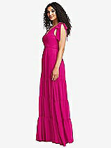 Side View Thumbnail - Think Pink Bow-Shoulder Faux Wrap Maxi Dress with Tiered Skirt