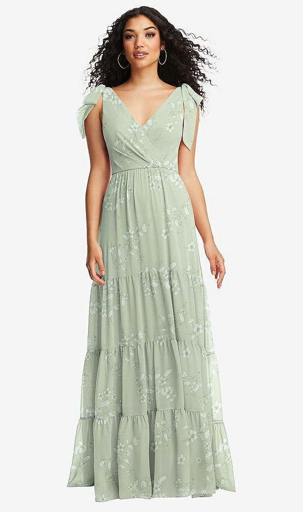 Front View - Vintage Primrose Sage Bow-Shoulder Faux Wrap Maxi Dress with Tiered Skirt