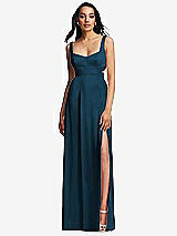 Front View Thumbnail - Atlantic Blue Open Neck Cross Bodice Cutout  Maxi Dress with Front Slit