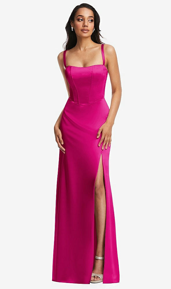 Front View - Think Pink Lace Up Tie-Back Corset Maxi Dress with Front Slit