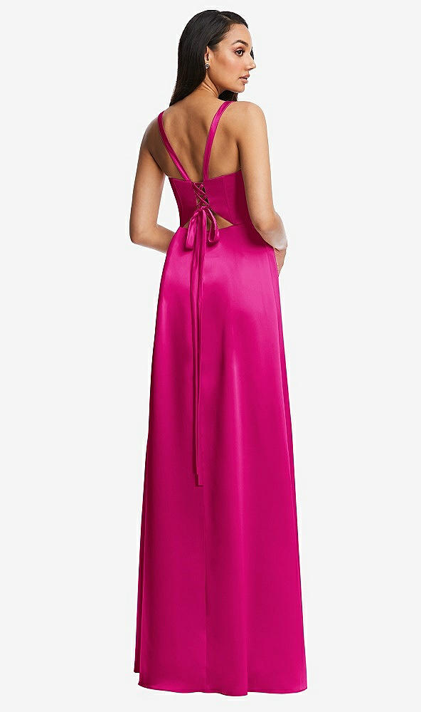 Back View - Think Pink Lace Up Tie-Back Corset Maxi Dress with Front Slit