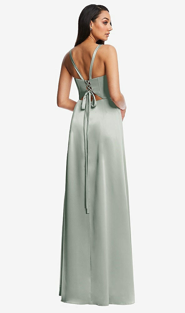 Back View - Willow Green Lace Up Tie-Back Corset Maxi Dress with Front Slit