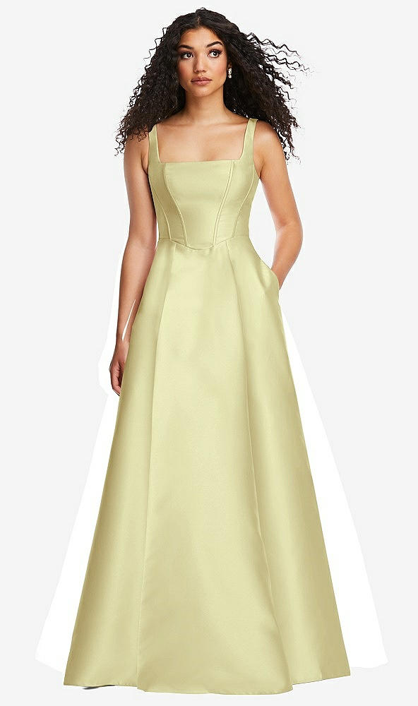 Front View - Butter Yellow Boned Corset Closed-Back Satin Gown with Full Skirt and Pockets