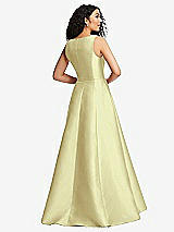 Rear View Thumbnail - Butter Yellow Boned Corset Closed-Back Satin Gown with Full Skirt and Pockets