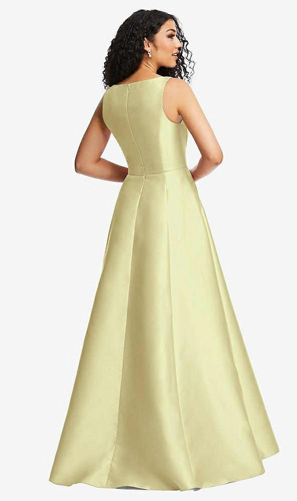 Back View - Butter Yellow Boned Corset Closed-Back Satin Gown with Full Skirt and Pockets