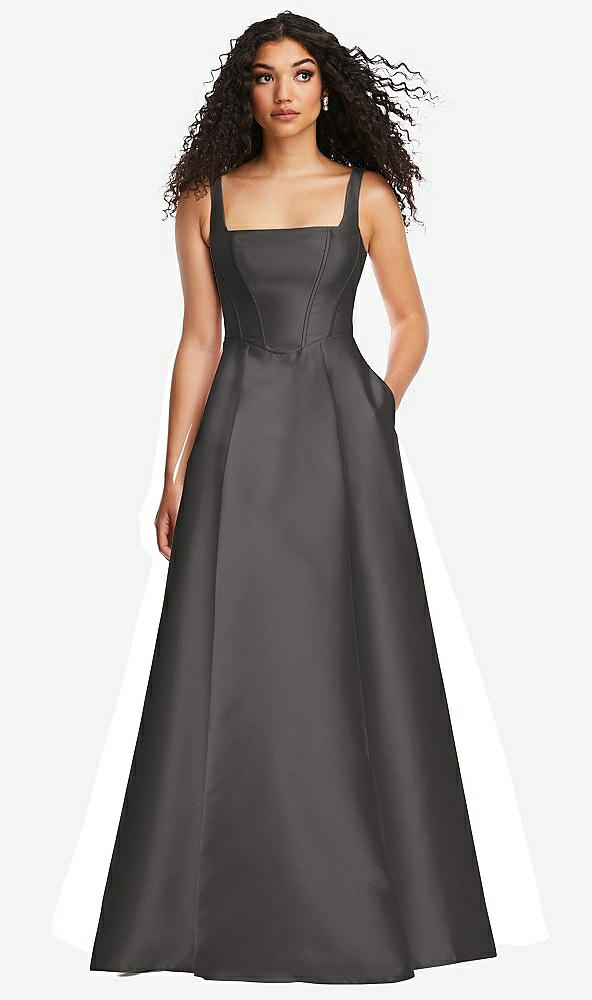 Front View - Caviar Gray Boned Corset Closed-Back Satin Gown with Full Skirt and Pockets