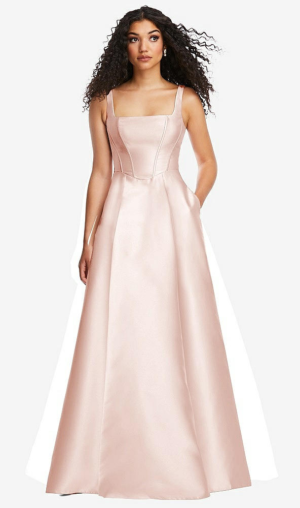 Front View - Blush Boned Corset Closed-Back Satin Gown with Full Skirt and Pockets