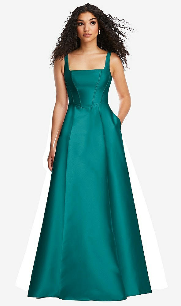 Front View - Jade Boned Corset Closed-Back Satin Gown with Full Skirt and Pockets