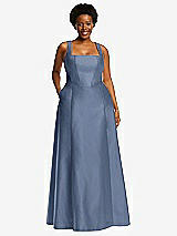 Alt View 1 Thumbnail - Larkspur Blue Boned Corset Closed-Back Satin Gown with Full Skirt and Pockets