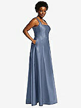 Alt View 2 Thumbnail - Larkspur Blue Boned Corset Closed-Back Satin Gown with Full Skirt and Pockets