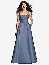 Front View Thumbnail - Larkspur Blue Boned Corset Closed-Back Satin Gown with Full Skirt and Pockets