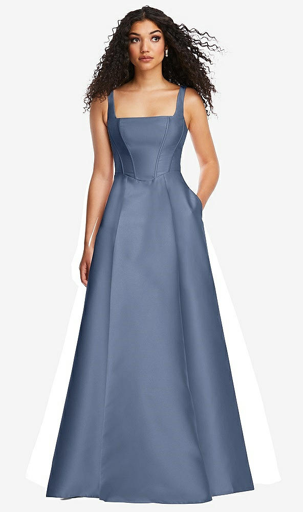 Front View - Larkspur Blue Boned Corset Closed-Back Satin Gown with Full Skirt and Pockets