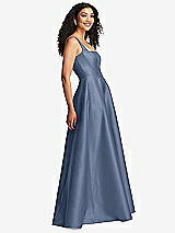 Side View Thumbnail - Larkspur Blue Boned Corset Closed-Back Satin Gown with Full Skirt and Pockets