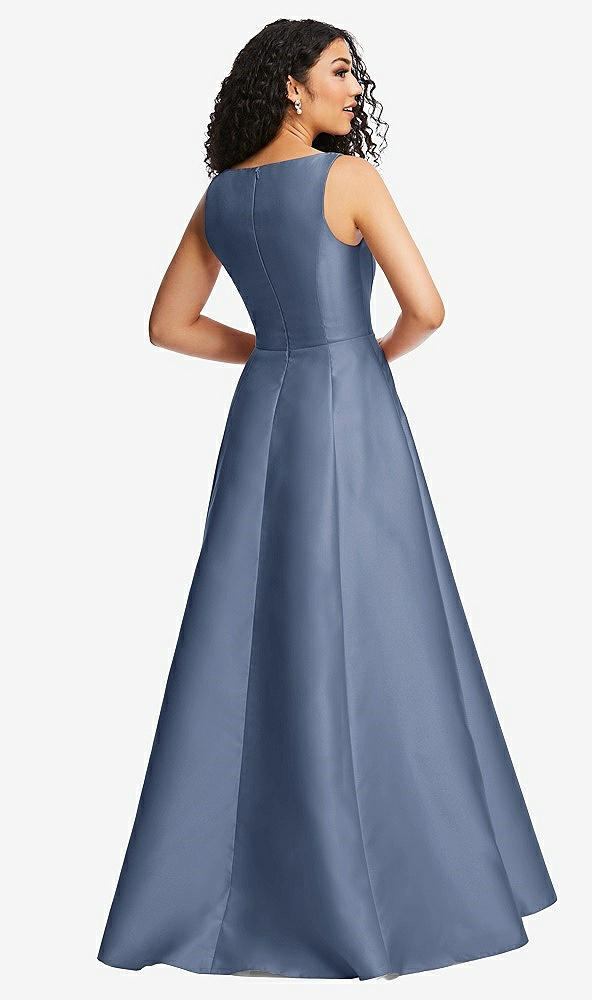 Back View - Larkspur Blue Boned Corset Closed-Back Satin Gown with Full Skirt and Pockets