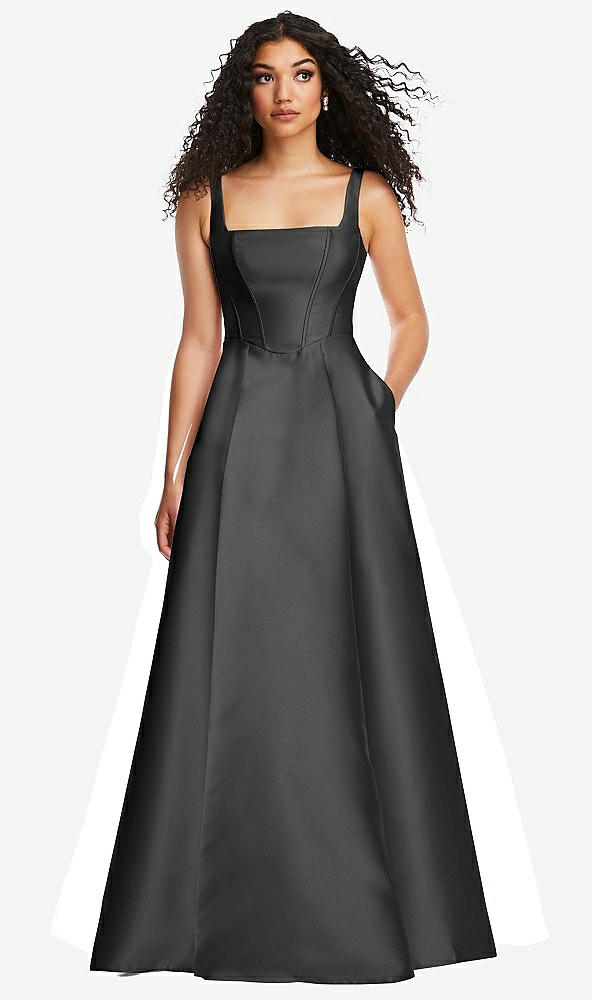 Front View - Pewter Boned Corset Closed-Back Satin Gown with Full Skirt and Pockets