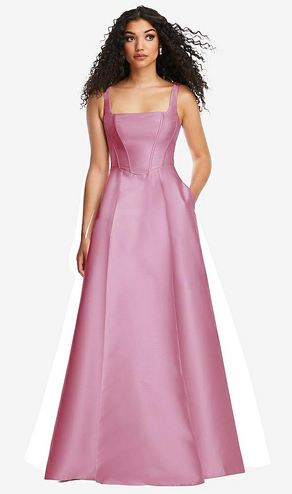 Front View - Powder Pink Boned Corset Closed-Back Satin Gown with Full Skirt and Pockets