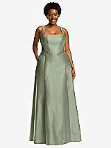 Alt View 1 Thumbnail - Sage Boned Corset Closed-Back Satin Gown with Full Skirt and Pockets