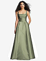 Front View Thumbnail - Sage Boned Corset Closed-Back Satin Gown with Full Skirt and Pockets