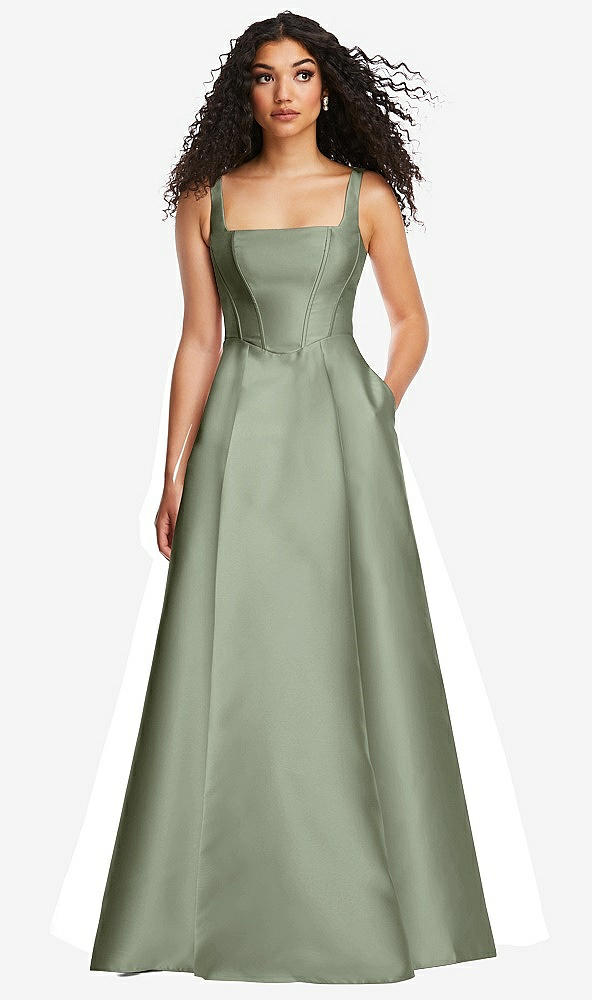 Front View - Sage Boned Corset Closed-Back Satin Gown with Full Skirt and Pockets