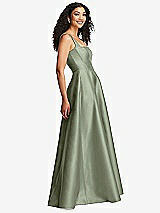 Side View Thumbnail - Sage Boned Corset Closed-Back Satin Gown with Full Skirt and Pockets