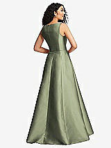 Rear View Thumbnail - Sage Boned Corset Closed-Back Satin Gown with Full Skirt and Pockets