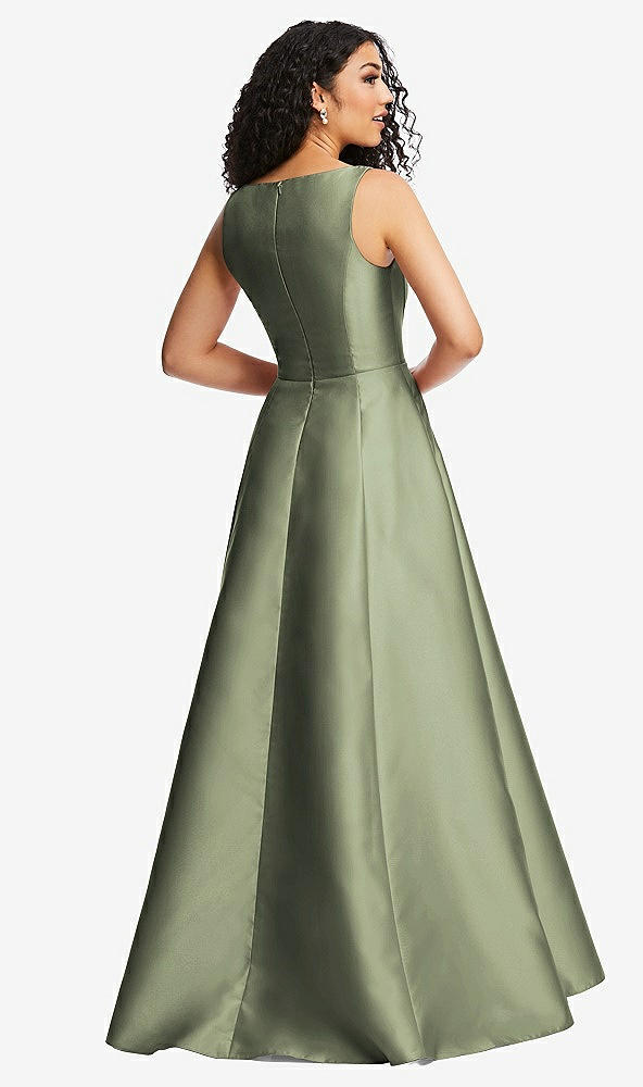 Back View - Sage Boned Corset Closed-Back Satin Gown with Full Skirt and Pockets