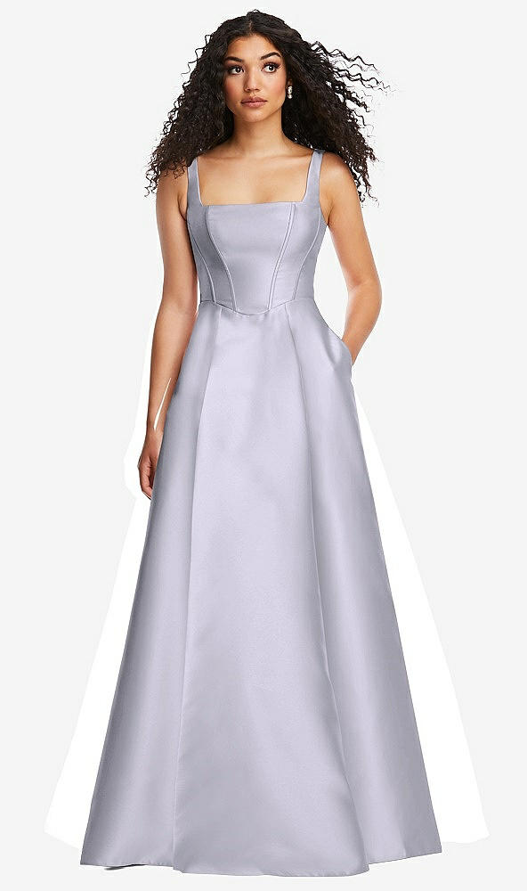 Front View - Silver Dove Boned Corset Closed-Back Satin Gown with Full Skirt and Pockets