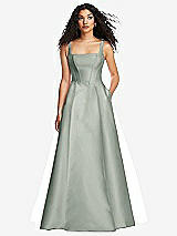 Front View Thumbnail - Willow Green Boned Corset Closed-Back Satin Gown with Full Skirt and Pockets