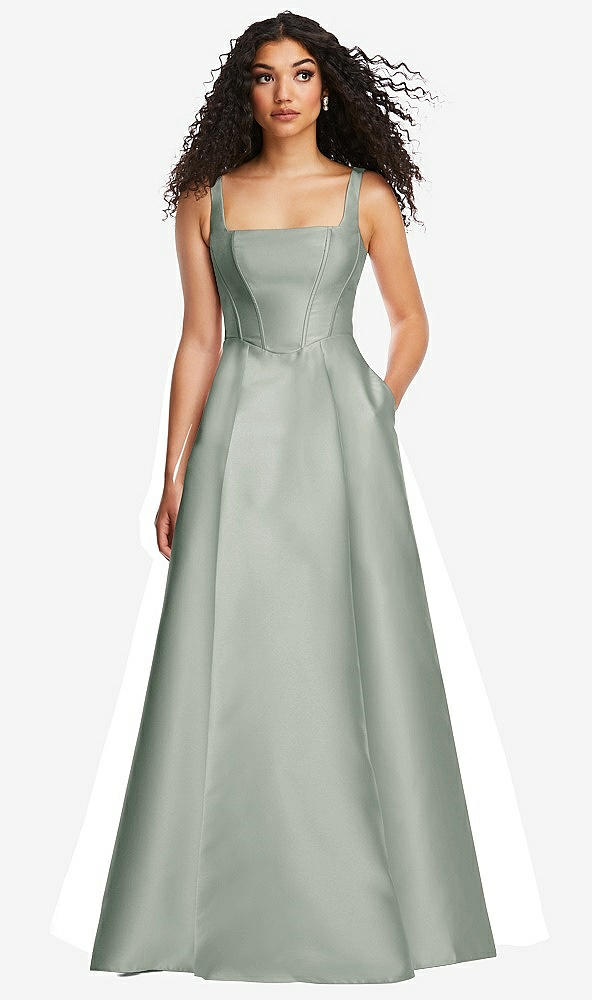 Front View - Willow Green Boned Corset Closed-Back Satin Gown with Full Skirt and Pockets