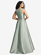 Rear View Thumbnail - Willow Green Boned Corset Closed-Back Satin Gown with Full Skirt and Pockets