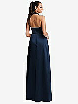 Rear View Thumbnail - Midnight Navy Shawl Collar Open-Back Halter Maxi Dress with Pockets