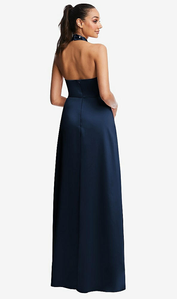 Back View - Midnight Navy Shawl Collar Open-Back Halter Maxi Dress with Pockets