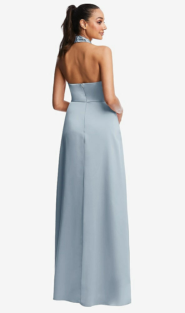 Back View - Mist Shawl Collar Open-Back Halter Maxi Dress with Pockets