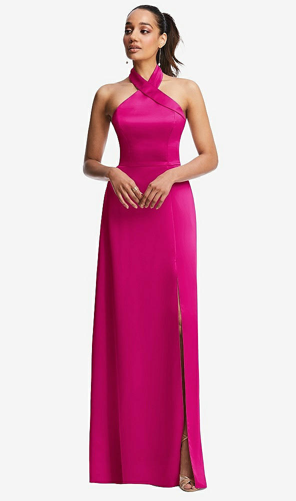 Front View - Think Pink Shawl Collar Open-Back Halter Maxi Dress with Pockets