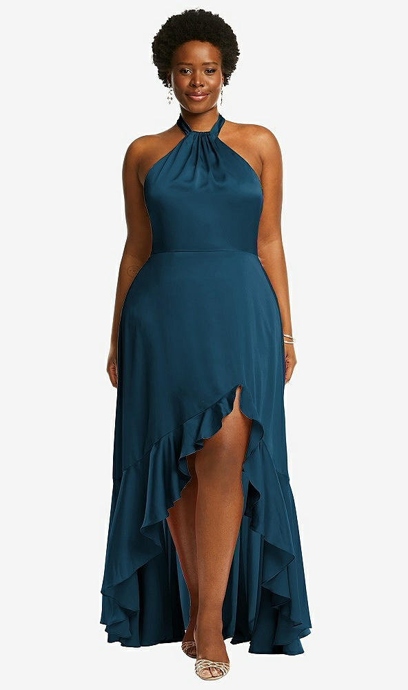 Front View - Atlantic Blue Tie-Neck Halter Maxi Dress with Asymmetric Cascade Ruffle Skirt