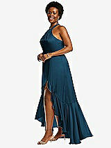 Side View Thumbnail - Atlantic Blue Tie-Neck Halter Maxi Dress with Asymmetric Cascade Ruffle Skirt