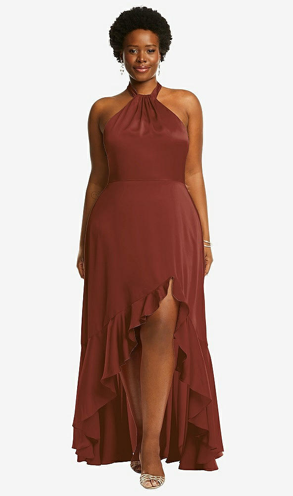 Front View - Auburn Moon Tie-Neck Halter Maxi Dress with Asymmetric Cascade Ruffle Skirt