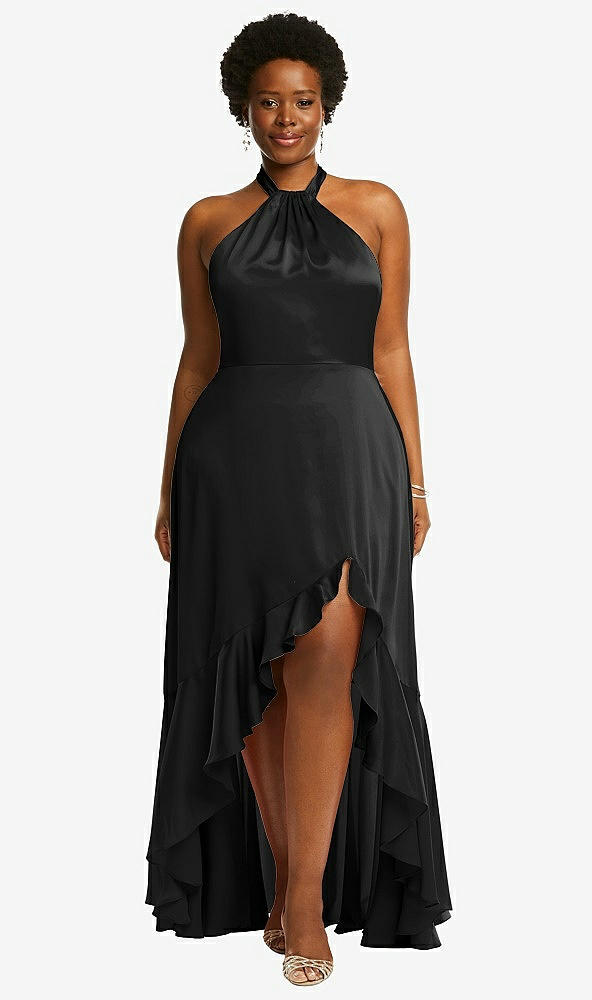 Front View - Black Tie-Neck Halter Maxi Dress with Asymmetric Cascade Ruffle Skirt