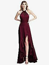 Alt View 1 Thumbnail - Cabernet Tie-Neck Halter Maxi Dress with Asymmetric Cascade Ruffle Skirt