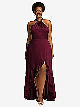 Front View Thumbnail - Cabernet Tie-Neck Halter Maxi Dress with Asymmetric Cascade Ruffle Skirt