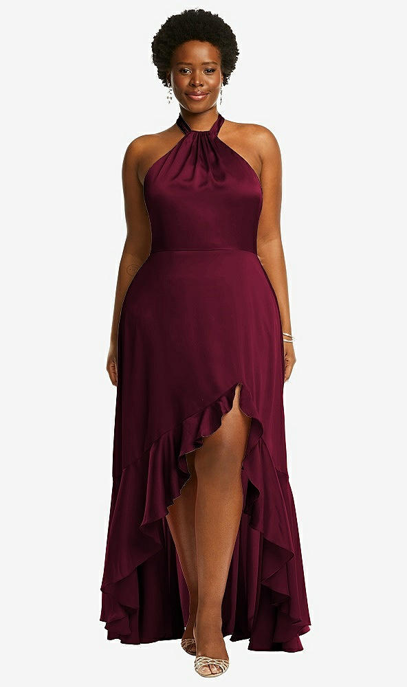 Front View - Cabernet Tie-Neck Halter Maxi Dress with Asymmetric Cascade Ruffle Skirt