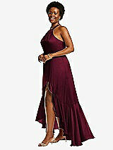 Side View Thumbnail - Cabernet Tie-Neck Halter Maxi Dress with Asymmetric Cascade Ruffle Skirt