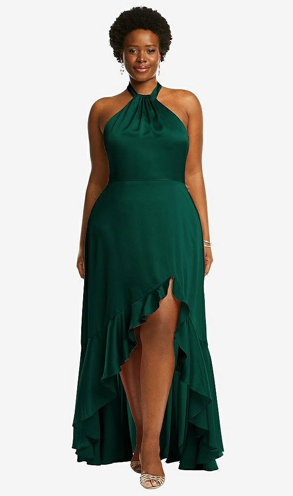 Front View - Hunter Green Tie-Neck Halter Maxi Dress with Asymmetric Cascade Ruffle Skirt